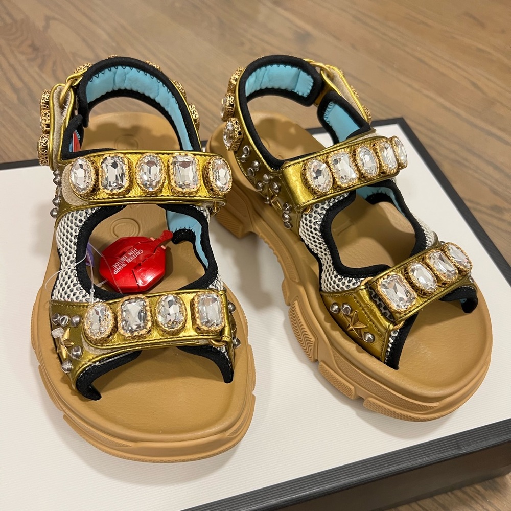 GUCCI Crystal-embellished Sandals In 8065 Gold Sz 36/ US 6. Retail Price $1410